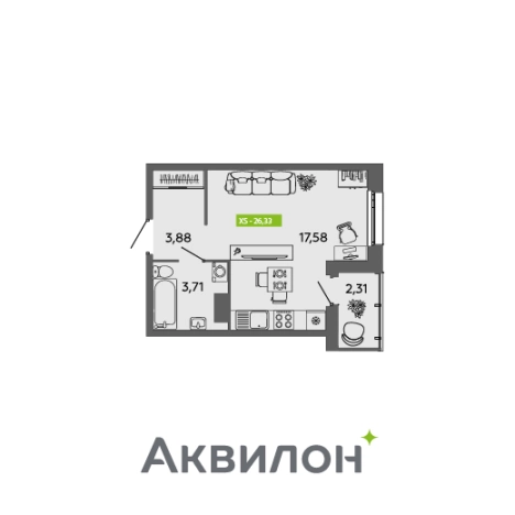 . Вариант № 2345220, 3, площадь - 26.33 квм, цена 3769051 рублей