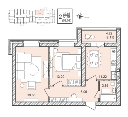 . Вариант № 1166098, 0, площадь - 59.02 квм, цена 6787300 рублей