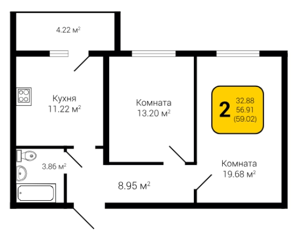 . Вариант № 130692, 1, площадь - 59.02 квм, цена 6787300 рублей