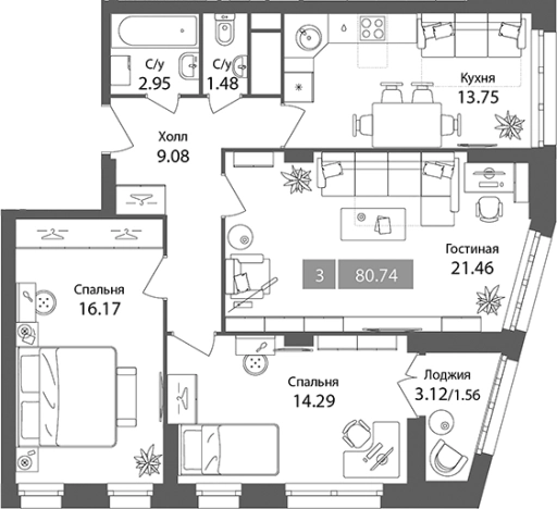 Купить трехкомнатную квартиру в ЖК Планерный квартал в Химках. Вариант № 87093, 0, площадь -  квм, цена 20924404 рублей