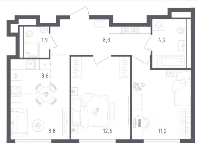 . Вариант № 8605742, 2, площадь - 50.6 квм, цена 19500000 рублей