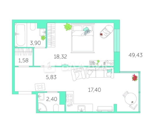 Купить однокомнатную квартиру в Туле. Вариант № 78694, 0, площадь -  квм, цена 5049000 рублей