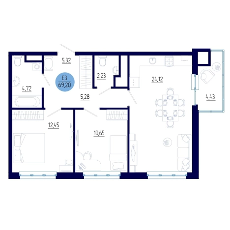 . Вариант № 102255, 0, площадь - 69.2 квм, цена 7886724 рублей