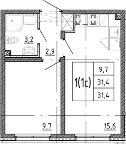 . Вариант № 9510803, 0, площадь - 31.4 квм, цена 6371374 рублей