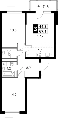 . Вариант № 7214212, 0, площадь - 67.1 квм, цена 25417480 рублей