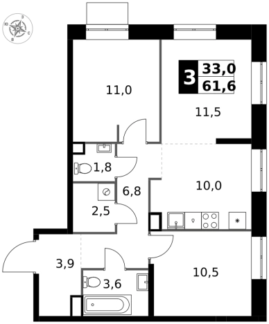. Вариант № 9716363, 0, площадь - 61.6 квм, цена 23284800 рублей