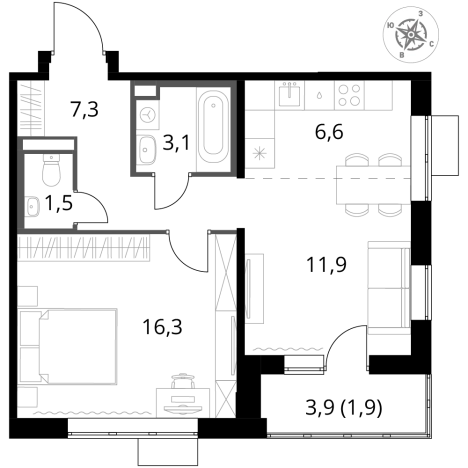 . Вариант № 9905912, 0, площадь - 48.6 квм, цена 14968800 рублей