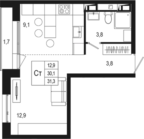 . Вариант № 120367, 0, площадь - 30.1 квм, цена 7432224 рублей