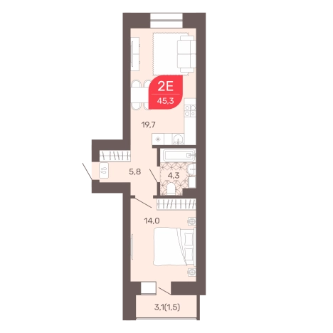 . Вариант № 5300452, 0, площадь - 45.3 квм, цена 7474500 рублей