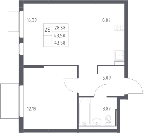 . Вариант № 2487340, 0, площадь - 43.58 квм, цена 8922508 рублей