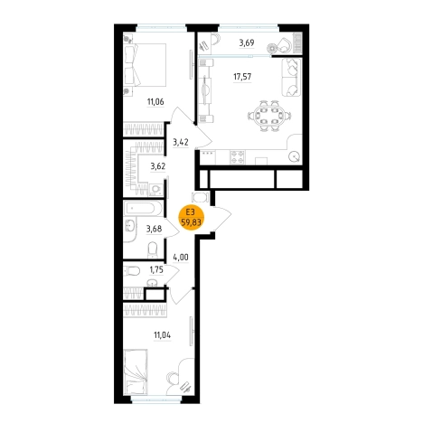 Купить двухкомнатную квартиру в новостройках в ЖК Смарт квартал «Центральный» в Рязани. Вариант № 154798, 0, площадь -  квм, цена 7716275 рублей