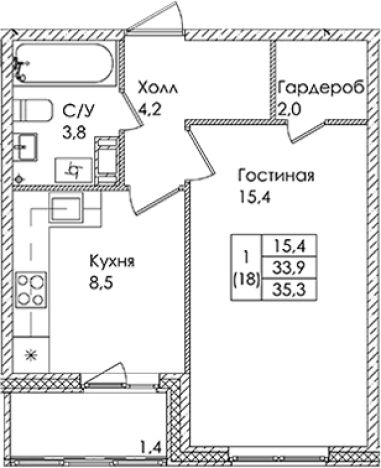 . Вариант № 6609338, 0, площадь - 33.9 квм, цена 4388975 рублей