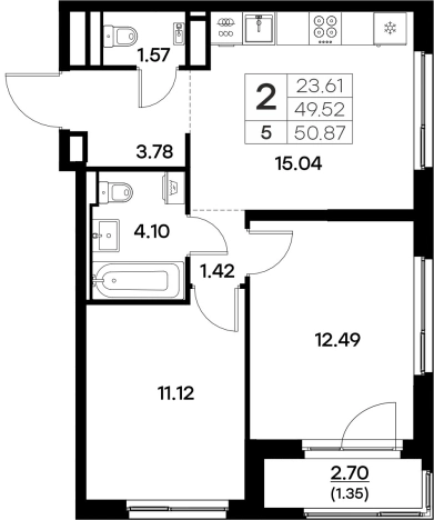 . Вариант № 133647, 1, площадь - 50.87 квм, цена 7169999 рублей