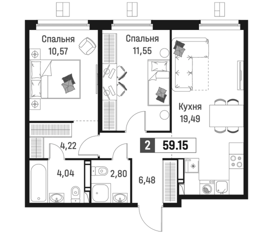 . Вариант № 6866806, 0, площадь - 59.15 квм, цена 10997885 рублей