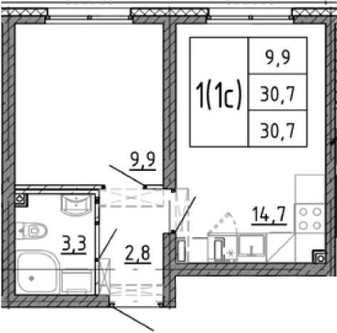 . Вариант № 7604330, 0, площадь - 30.7 квм, цена 6197716 рублей