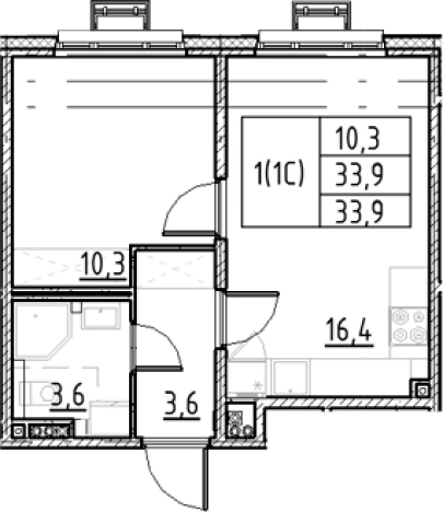 . Вариант № 9328499, 0, площадь - 33.9 квм, цена 8837492 рублей