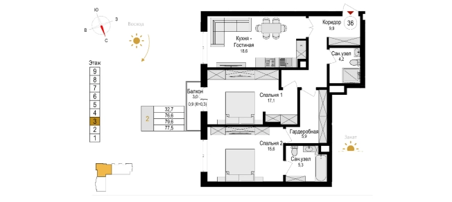 . Вариант № 3899, 13, площадь - 79.6 квм, цена 9937500 рублей