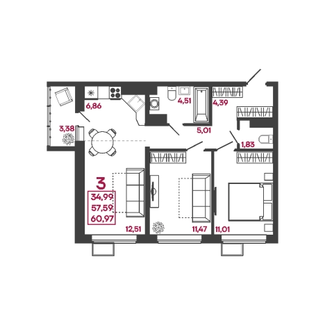 Купить трехкомнатную квартиру в новостройках в районе Железнодорожный в Пензе. Вариант № 140411, 0, площадь -  квм, цена 5505591 рублей