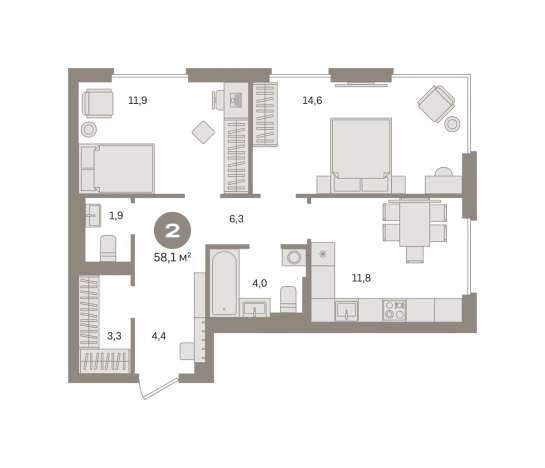 . Вариант № 118808, 0, площадь - 58.14 квм, цена 17410000 рублей