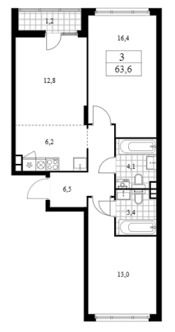 . Вариант № 90995, 0, площадь - 62.4 квм, цена 14052550 рублей
