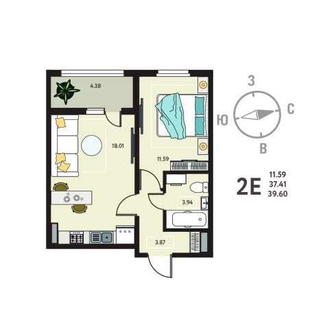 . Вариант № 7806202, 0, площадь - 39.6 квм, цена 4375800 рублей