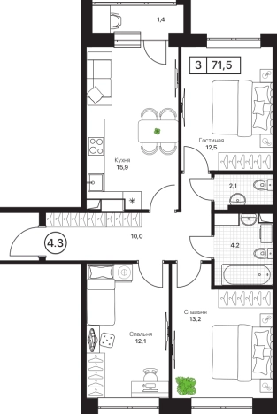 Купить трехкомнатную квартиру в Пушкине. Вариант № 10094883, 0, площадь -  квм, цена 15372500 рублей