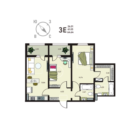 . Вариант № 155046, 0, площадь - 64.64 квм, цена 6108480 рублей