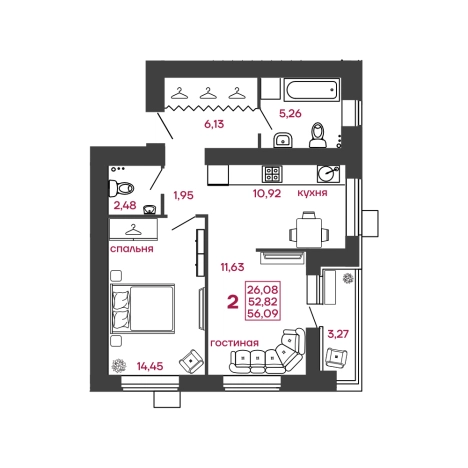 . Вариант № 9995336, 0, площадь - 56.09 квм, цена 5048100 рублей