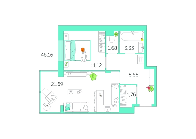 . Вариант № 71069, 0, площадь - 48.16 квм, цена 4929000 рублей