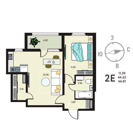 . Вариант № 153479, 0, площадь - 46.81 квм, цена 6014851 рублей