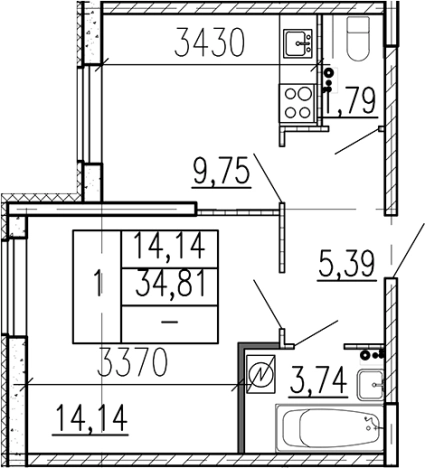 . Вариант № 9095062, 0, площадь - 34.81 квм, цена 4210229 рублей