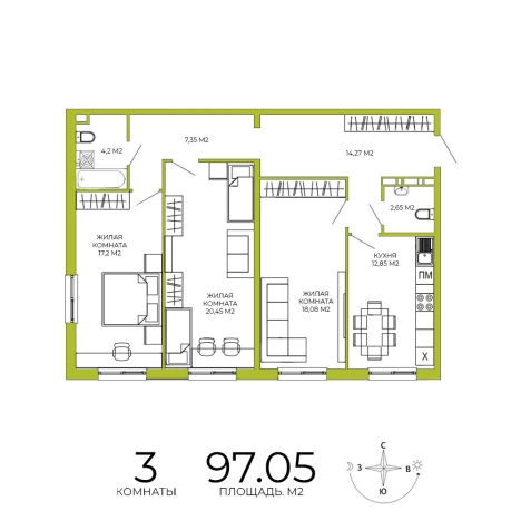 Купить трехкомнатную квартиру на вторичке в ЖК Жилой комплекс "Лугометрия" в Пензе. Вариант № 115902, 0, площадь -  квм, цена 9025650 рублей