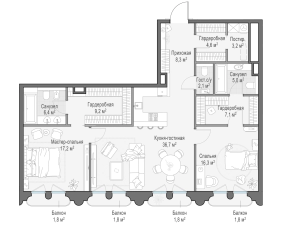 Купить двухкомнатную квартиру на улице Фрунзенская набережная в Москве. Вариант № 169965, 0, площадь -  квм, цена 331160000 рублей