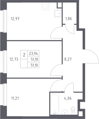 . Вариант № 3097825, 0, площадь - 51.1 квм, цена 17344014 рублей