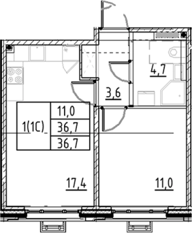 . Вариант № 7597511, 0, площадь - 36.7 квм, цена 8130995 рублей