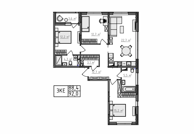. Вариант № 130657, 4, площадь - 90.2 квм, цена 10373000 рублей