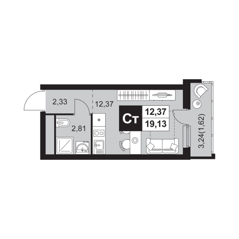 . Вариант № 9153362, 0, площадь - 19.13 квм, цена 2590202 рублей