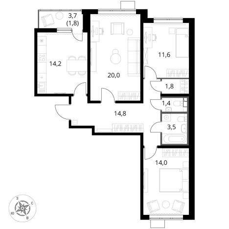 . Вариант № 9802145, 0, площадь - 83.2 квм, цена 23911680 рублей