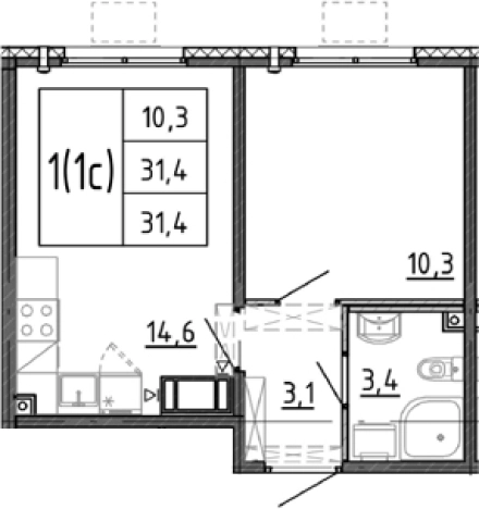 . Вариант № 7604453, 0, площадь - 31.4 квм, цена 6306690 рублей