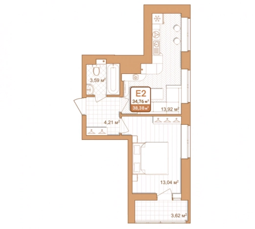 . Вариант № 73652, 1, площадь - 38.38 квм, цена 3838000 рублей