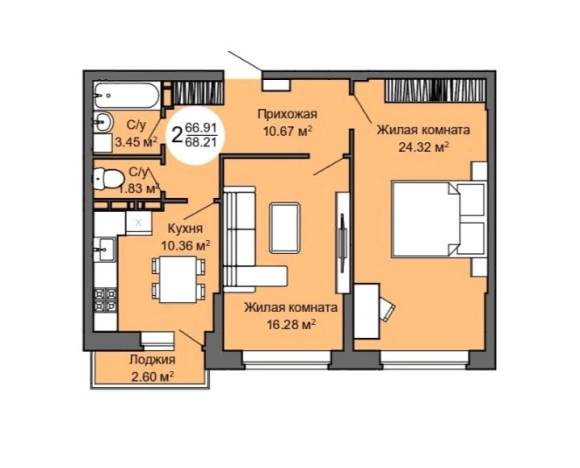 Купить двухкомнатную квартиру на улице Шахтёрская в Тульской области. Вариант № 99042, 0, площадь -  квм, цена 5866060 рублей
