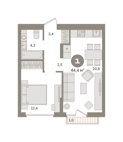 . Вариант № 8555543, 0, площадь - 44.38 квм, цена 8530000 рублей