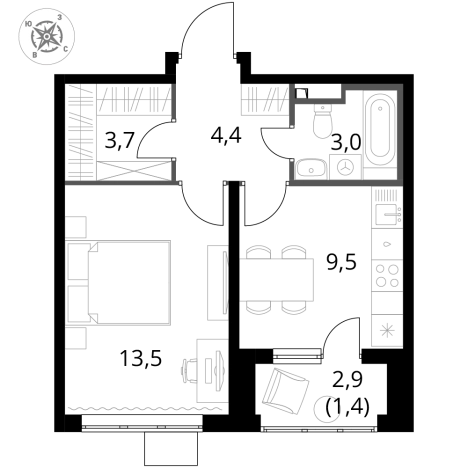 Купить однокомнатную квартиру у метро Битца в Московской области. Вариант № 9949611, 0, площадь -  квм, цена 11917350 рублей