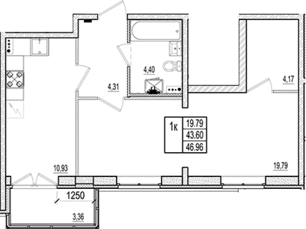 . Вариант № 6964035, 0, площадь - 43.6 квм, цена 6203360 рублей