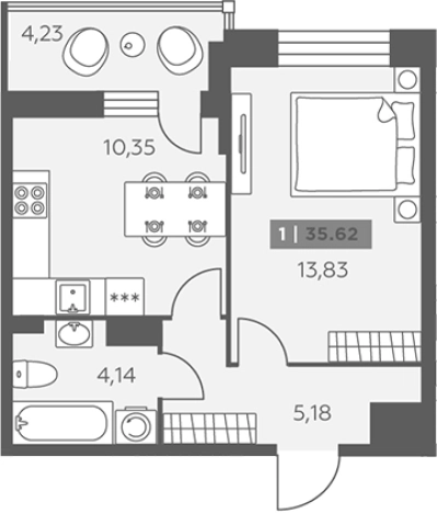 . Вариант № 6217850, 0, площадь - 34.35 квм, цена 6225185 рублей