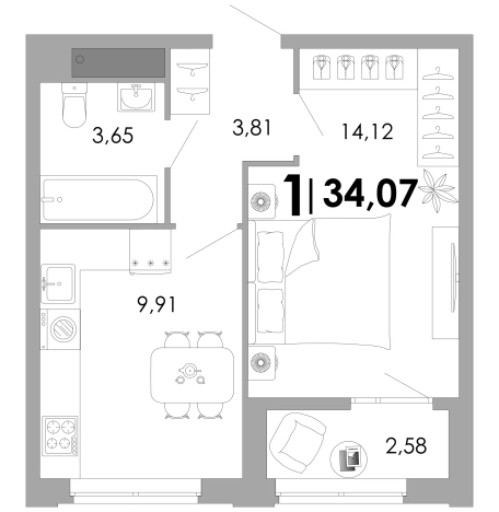 Купить однокомнатную квартиру в новостройках в ЖК UNO в Владимире. Вариант № 1189422, 0, площадь -  квм, цена 7836100 рублей