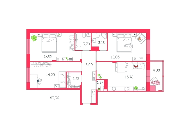 Купить трехкомнатную квартиру в ЖК Наши Баташи в Туле. Вариант № 71094, 0, площадь -  квм, цена 7519000 рублей