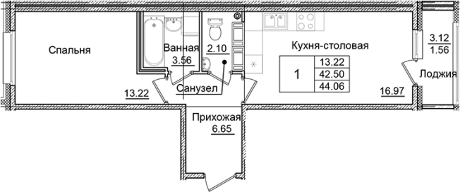 . Вариант № 6707177, 0, площадь - 42.5 квм, цена 7527112 рублей