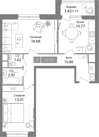 . Вариант № 87079, 0, площадь - 55.86 квм, цена 15462043 рублей