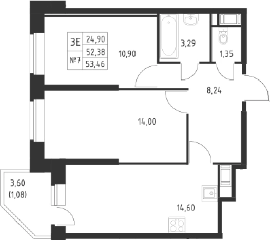. Вариант № 6632648, 0, площадь - 52.38 квм, цена 14543249 рублей